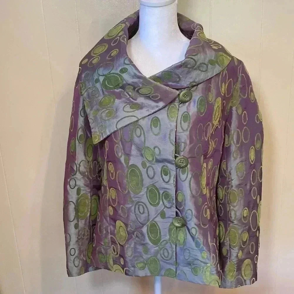Grace Chuang New York Iridescent Purple & Green Size Medium Silk & Velvet Coat.
